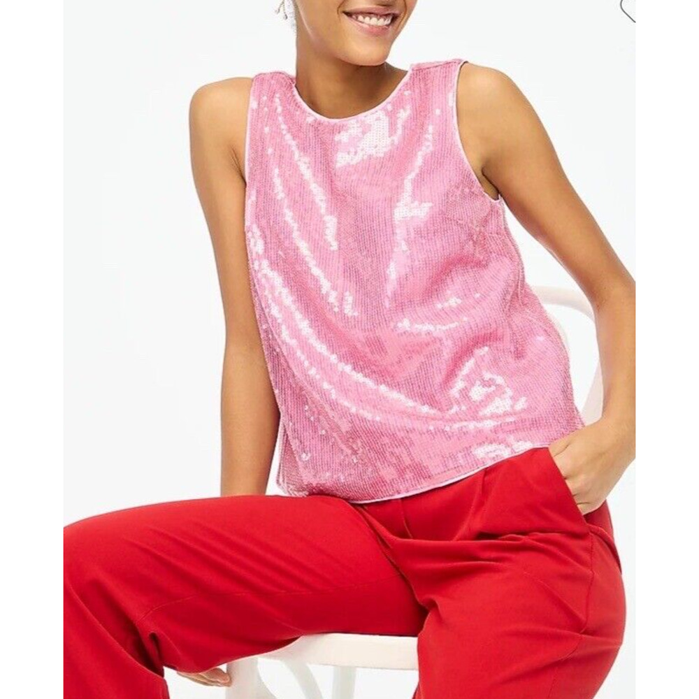 J Crew XL Sequin Shell Top Pink Sparkle Holiday Preppy Sleeveless Lined **Snag
